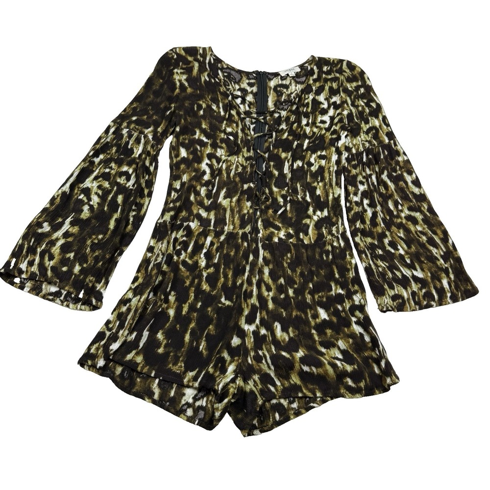 Umgee Romper Shorts Womens Small Animal Leopard Lace Up Front Boho Casual Chic